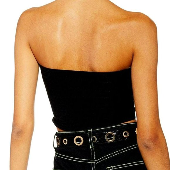 Topshop black ribbed lined cropped strapless bandeau tube top 8 or medium - Picture 2 of 12